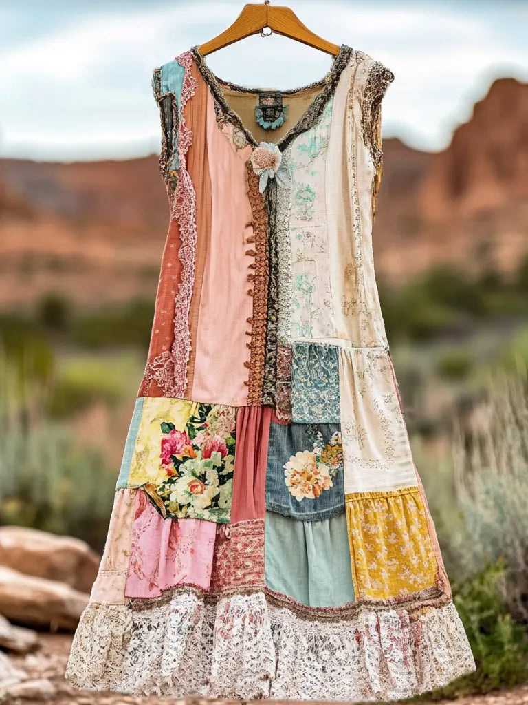 Women's Vintage Floral Lace Patch Comfort Dress