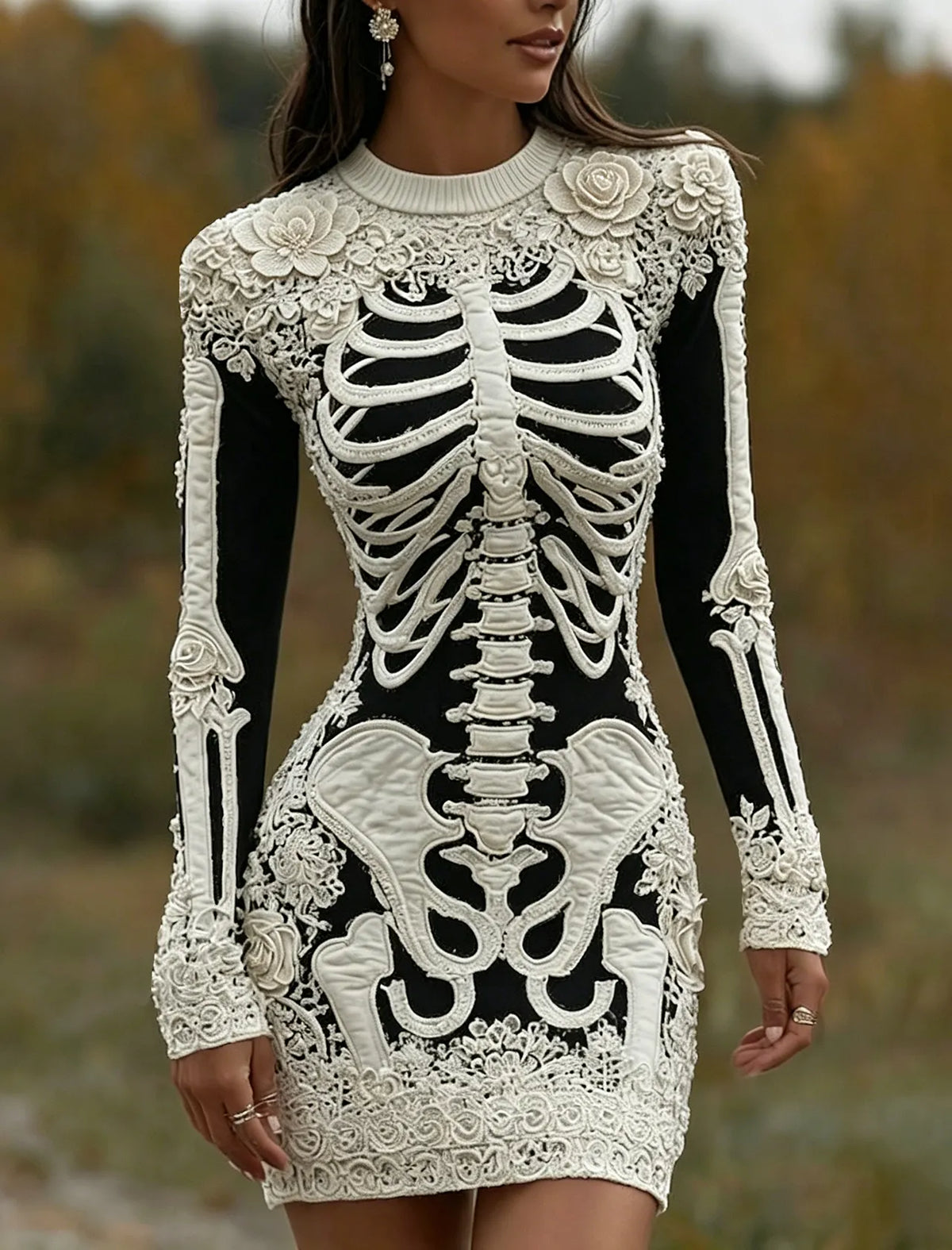 Women's Vintage Halloween Skeleton Bones With Rose Art Cozy Knit Mini Sweater Dress