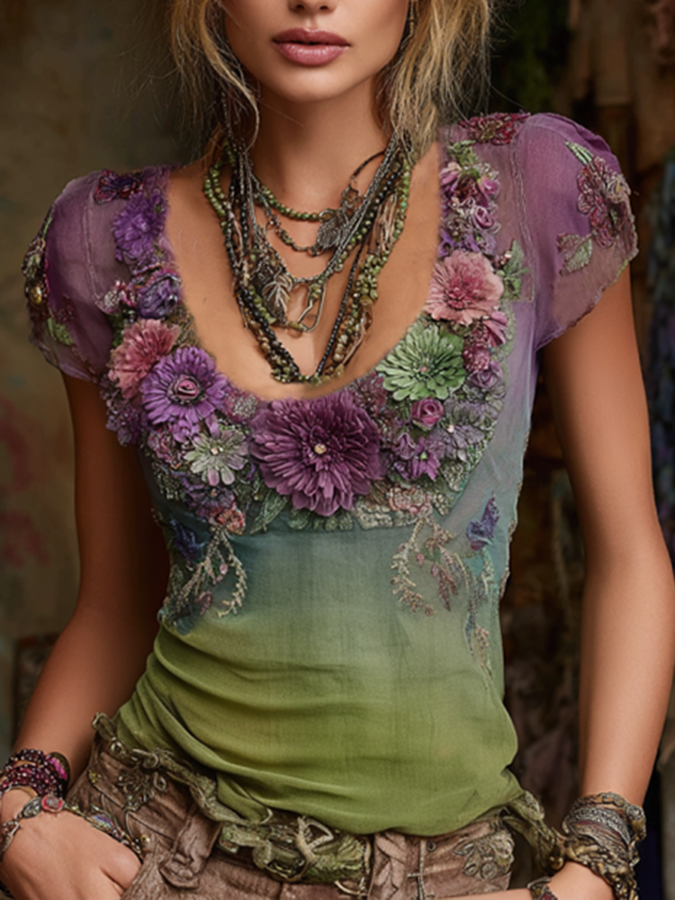 Vintage Western Boho Collection Purple Floral Embroidered Linen Short Sleeve T-shirt