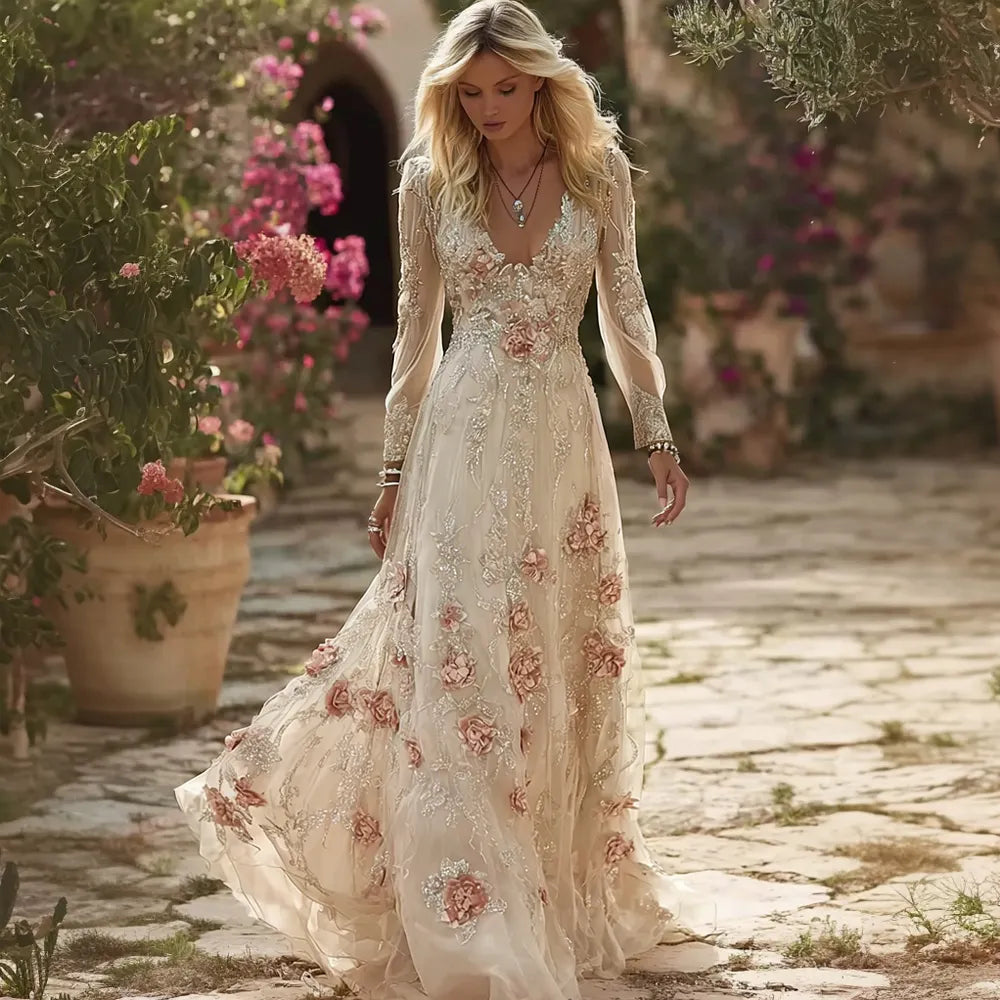 Vintage Boho Roses Embroidered Flowy Linen Maxi Dress