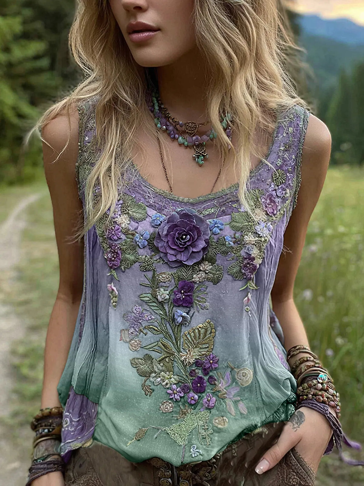 Vintage Classy Gradient Purple Lavender And Floral Embroidered Pattern Linen Tank Top