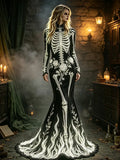 Women's Halloween Dark Gothic White Skull And Rose Art Elegant Velvet Round Neck Long Sleeve Dress