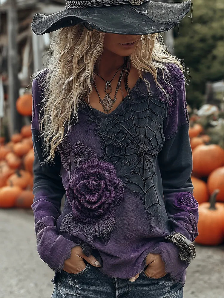 Vintage Halloween Black And Purple Rose Art Long Sleeve V  Neck Tops