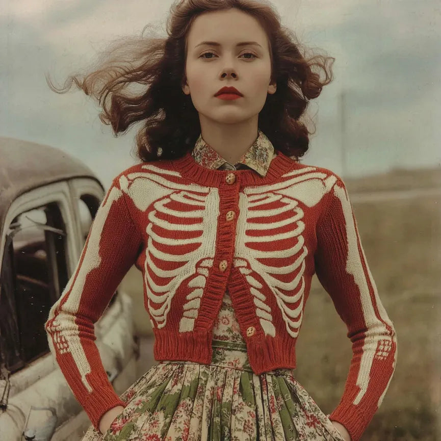 Women's Vintage Skull Ribs Pattern Cozy Knit Sweater Cardigan
