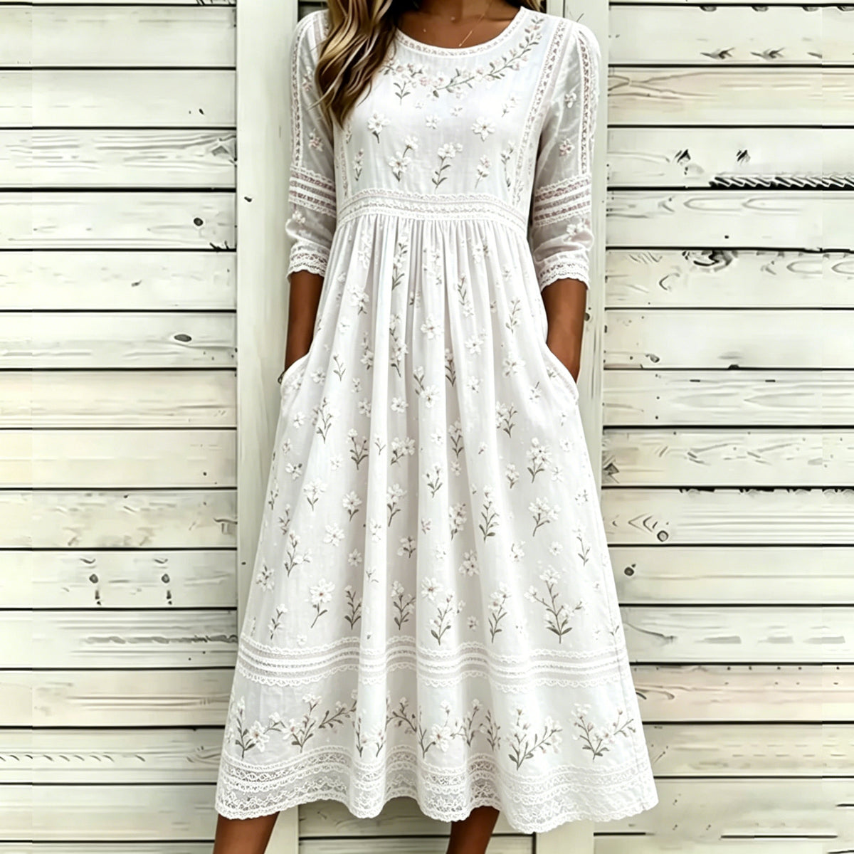Vintage White Cherry Blossom Art And Lace Art Light Pink Cotton Linen Loose Round Neck Dress