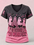 In October We Wear Pink Cat Ghost Breast Cancer Awareness V-Neck T-Shirt