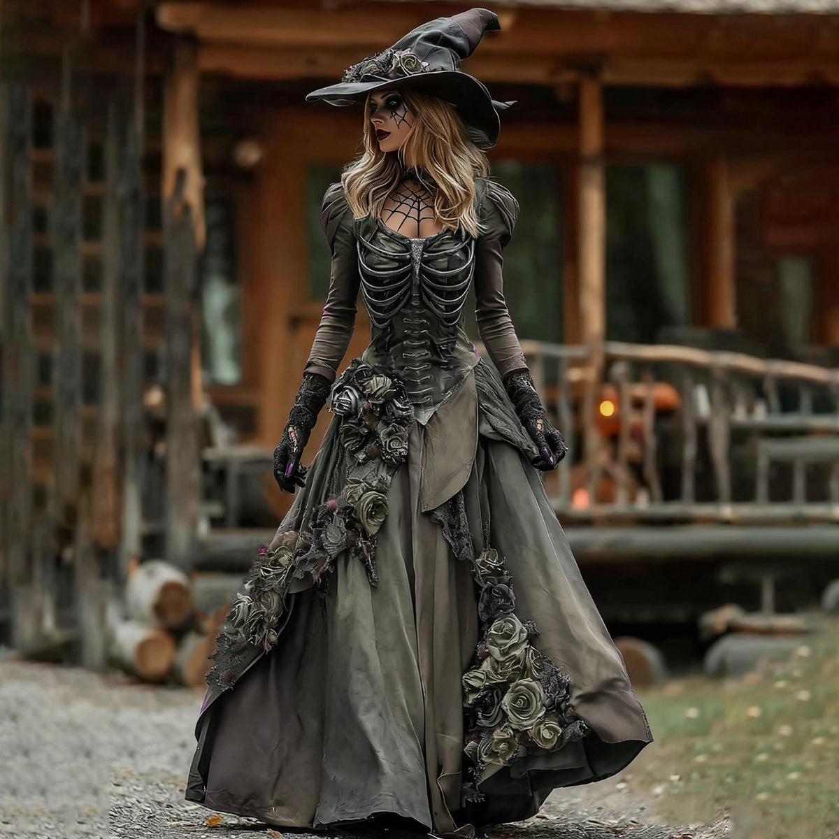 Vintage Witch Skull Rib Cage Rose Pattern Maxi Dress