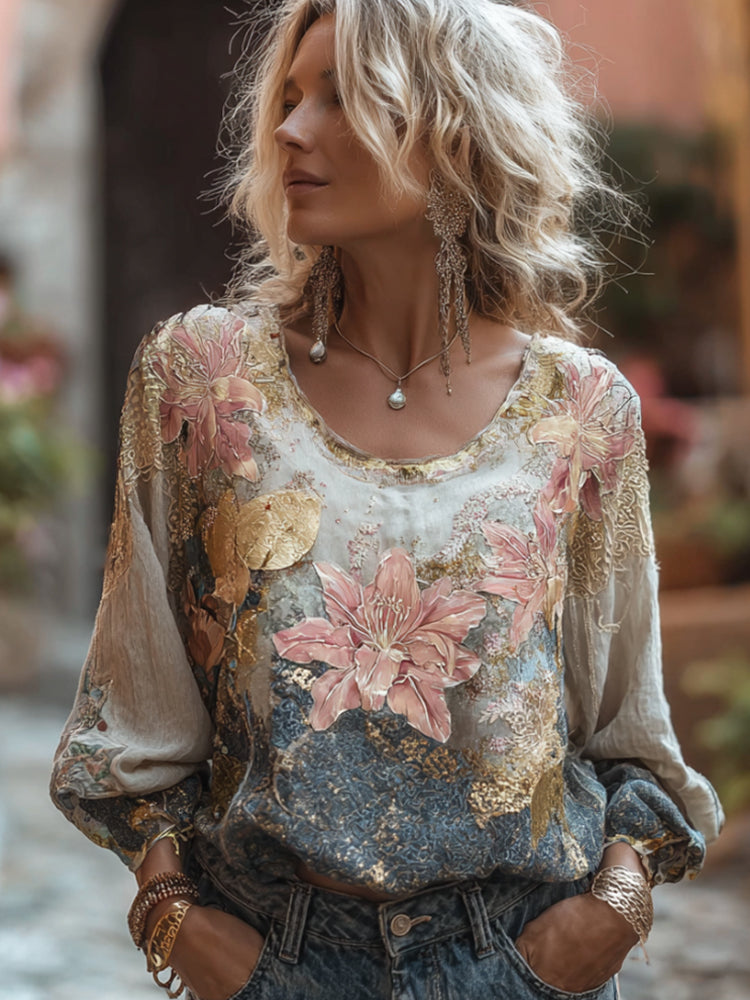 Women's Bohemian Lily Print Dyeing Linen And Hemp Gradient Crew Neck Long Sleeve Top
