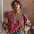 Women's Bohemian Floral Embroidery Art Contrast Color V-neck Casual Sweatshirt