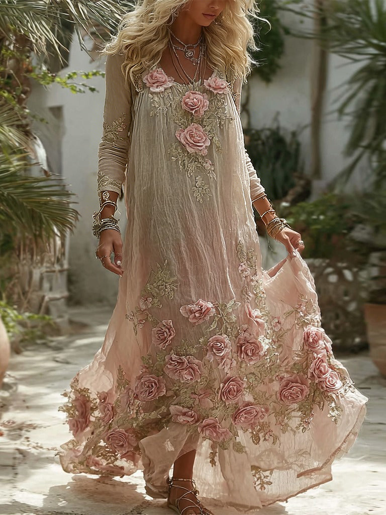 Women's Vintage Pink Rose Embroidered Linen Dress