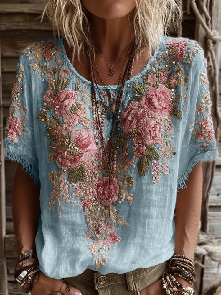 Women's Pink Rose Embroidery Art Round Neck Short Sleeve Linen Blend T-shirt