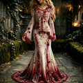 Women's Halloween Gothic Red Rose Human Anatomy Elegant Velvet Round Neck Long Sleeve Dress