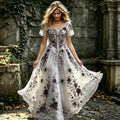 Women's Skull Rose Spider Design Round Neck Short Sleeve Cotton Linen Dress