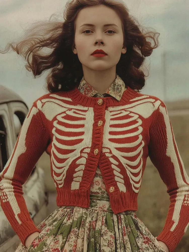 Women's Vintage Skull Ribs Pattern Cozy Knit Sweater Cardigan