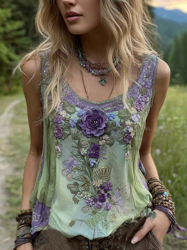 Vintage Classy Gradient Purple Lavender And Floral Embroidered Pattern Linen Tank Top
