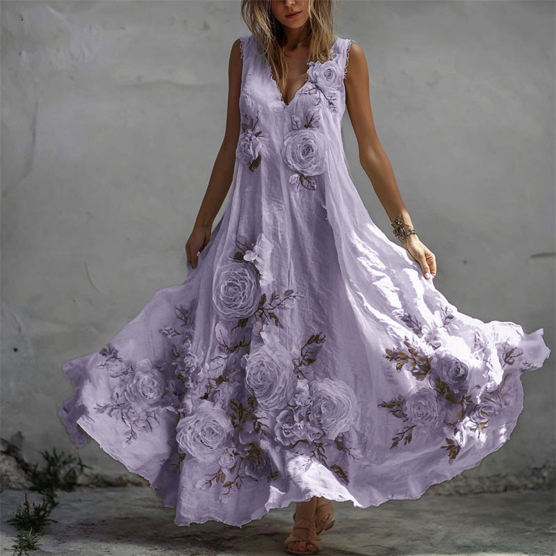 Vintage White Roses Fiber Art Flowy Linen Maxi Dress