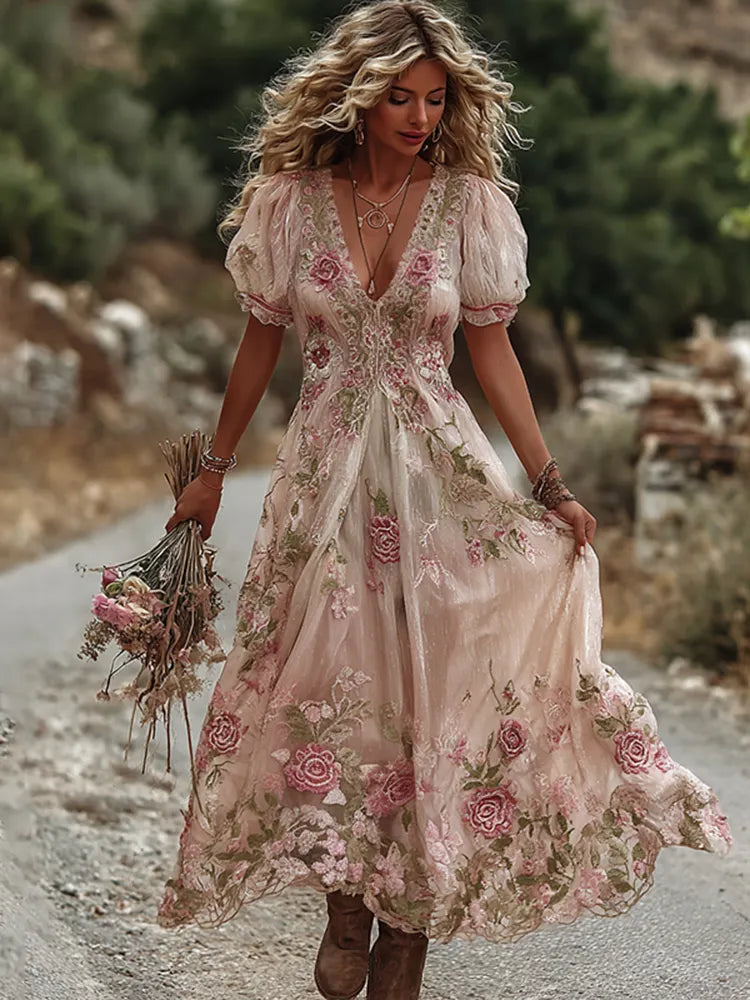 Women's Vintage Rose Embroidery Art Comfy Linen Maxi Dress