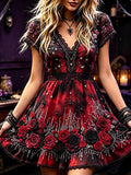 Women's Gothic V-neck Short-sleeved Mini Dress, Adorned With Red And Black Roses, Spider Webs, And Star Patterns.