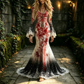 Women's Halloween Retro Gradient Skull, Floral, And Spider Design Round Neck Long Sleeve Dress