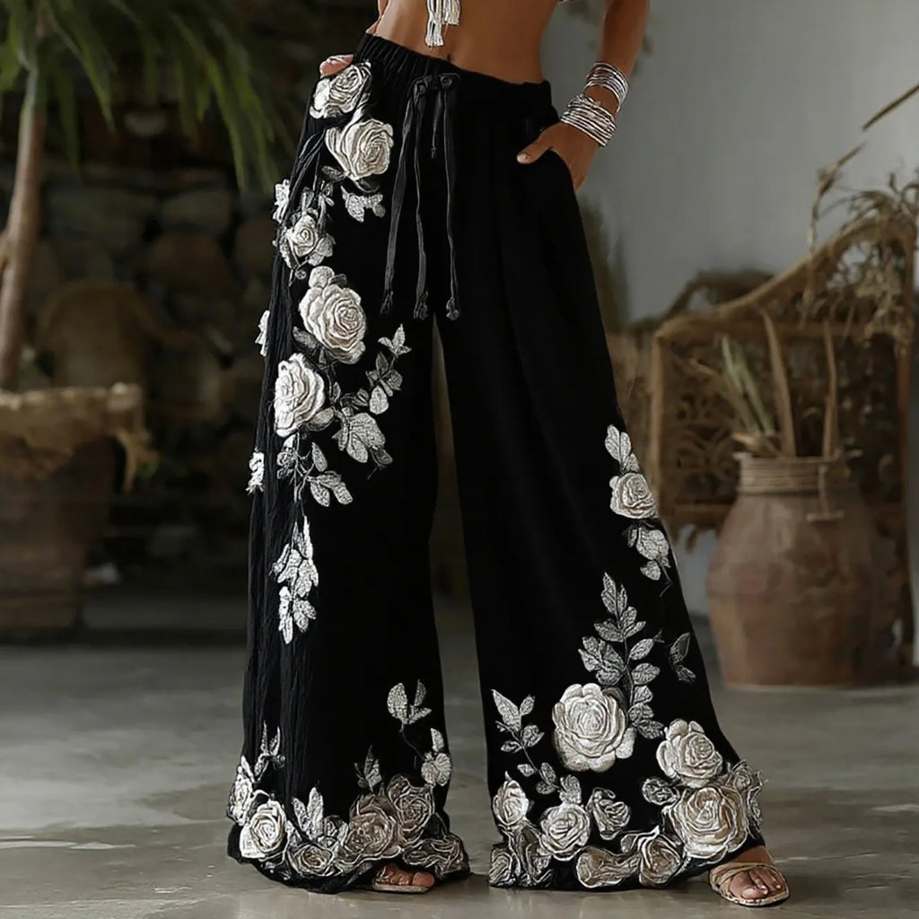 Women's Retro Floral Embroidery Art Casual Linen Pants