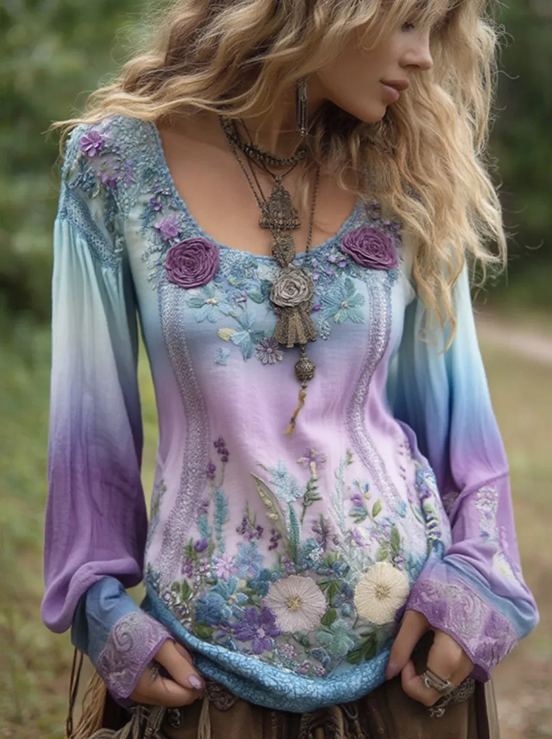 Classy Gradient Purple Lavender And Floral Embroidered Linen Long Sleeve Shirt