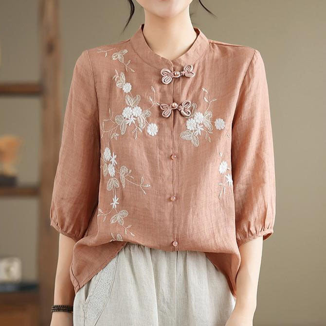 Women's Artistic Floral Embroidery Cotton Linen Casual Three-quarter Sleeve Top