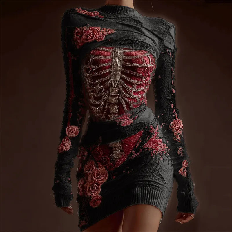 Classy Skeleton Anatomy Bloody Roses Bandages Knit Sweater Dress