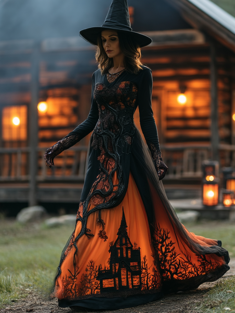 Women's Halloween Gradient Treehouse Design Witch V-neck Maxi Dress
