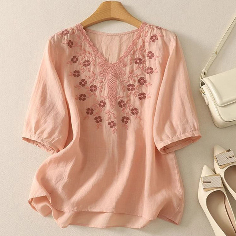 Women's Artistic Floral Embroidered Cotton Linen Casual Top