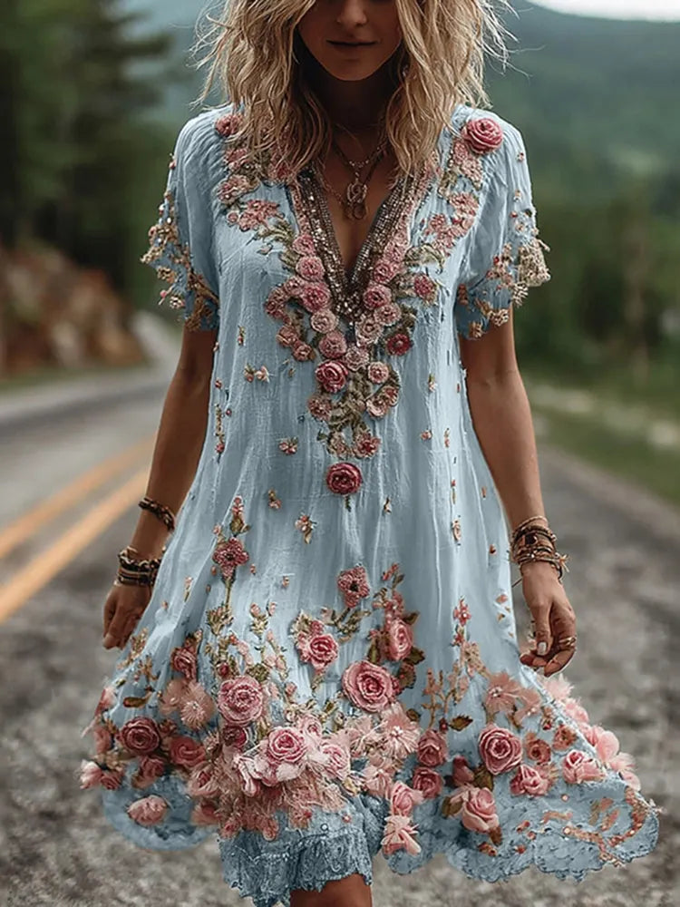 Vintage Floral Embroidery Short-sleeved Dress
