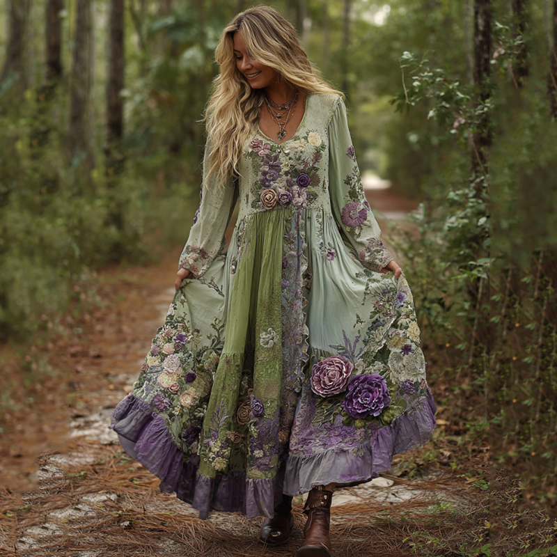 Vintage Classy Gradient Purple Lavender And Floral Embroidered Maxi Dress