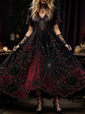 Women's Gothic V-neck Dress, Adorned With Red/black Roses And Spiderweb Patterns.
