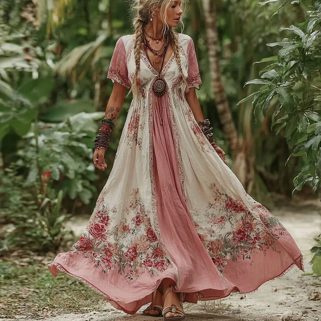 Women's Vintage Rose Floral Pattern V-neck Dress