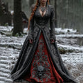 Women's Vintage Viking Skull Embroidery V Neck Casual Maxi Dress