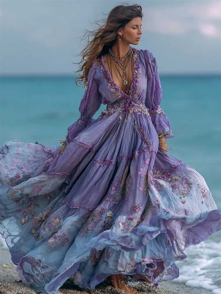 Boho Lavender Floral Lace Trim Flowy Linen Maxi Dress