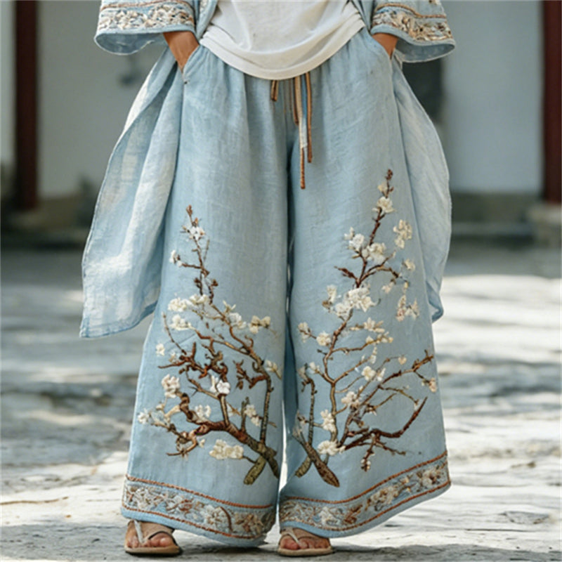 Almond Blossom Japanese Art Long Kimono & Pants Linen Set