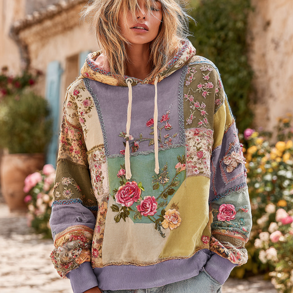Vintage Rose Floral Patch Comfortable Warm Hoodie