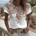 Women's Vintage Pink Rose Embroidery Art Round Neck Short Sleeve Linen Blend T-shirt