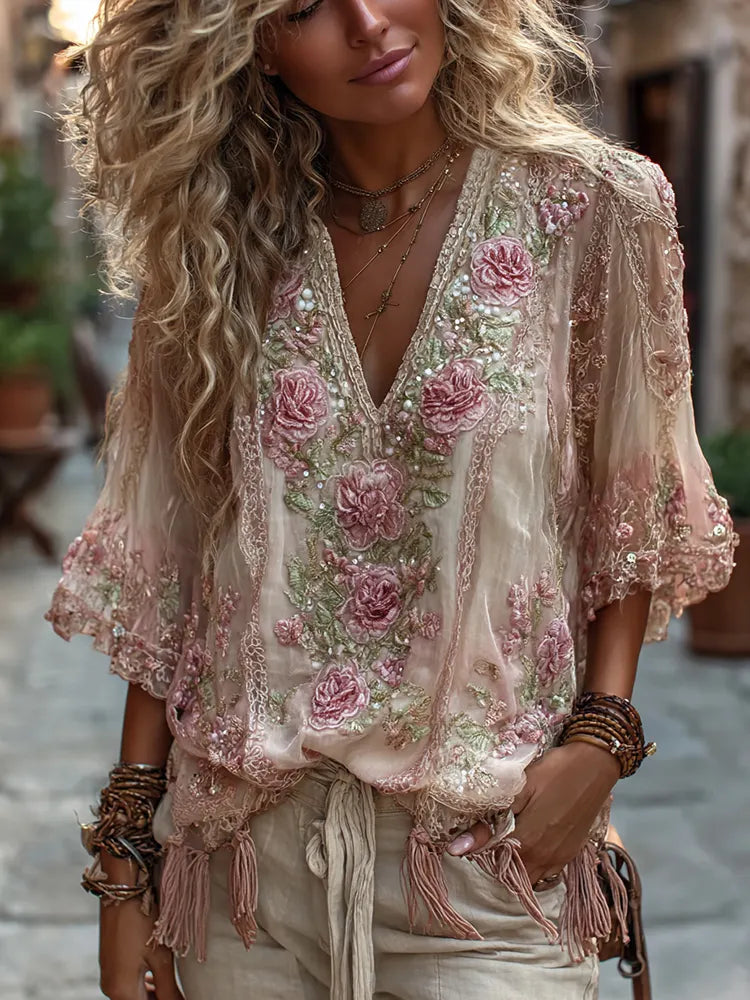Women's Vintage Rose Embroidery Art Comfy Linen Shirts