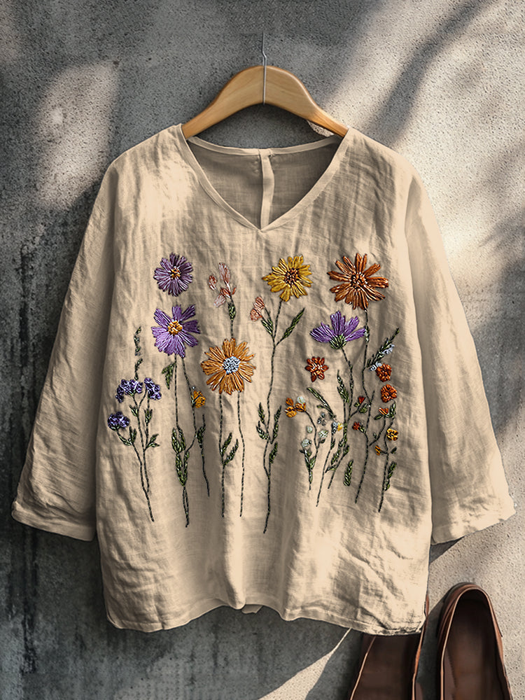 Boho Floral Embroidery Print Cotton And Linen Blend Loose Blouse