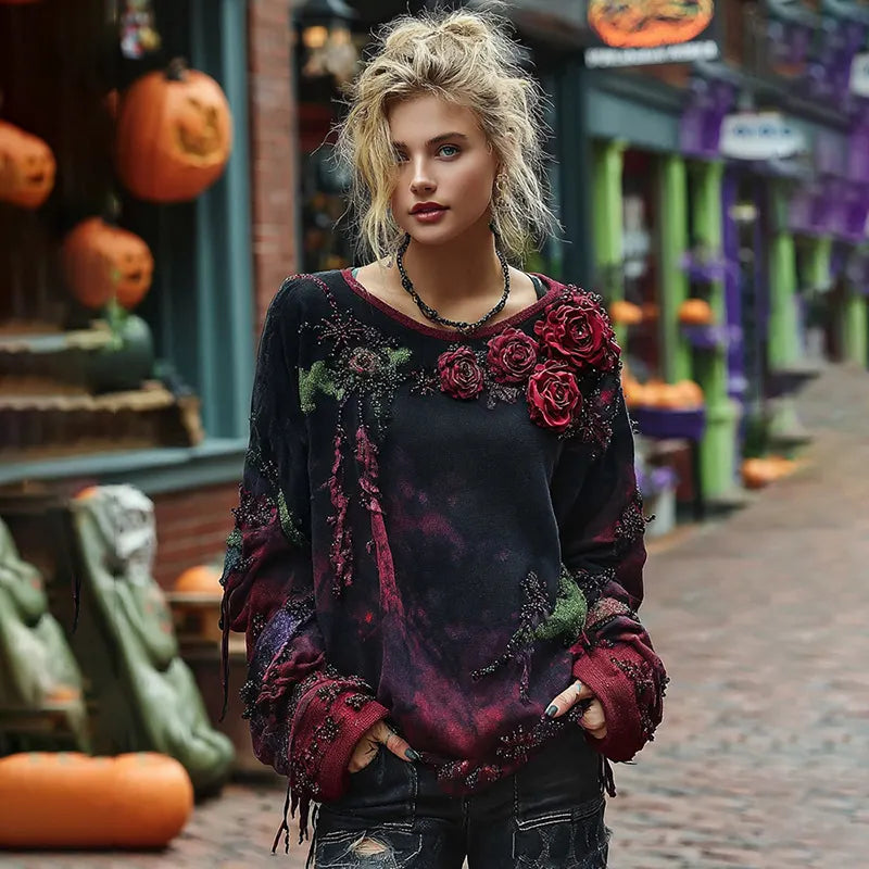 Vintage Rose Embroidery Beaded Gradient Sweatshirt