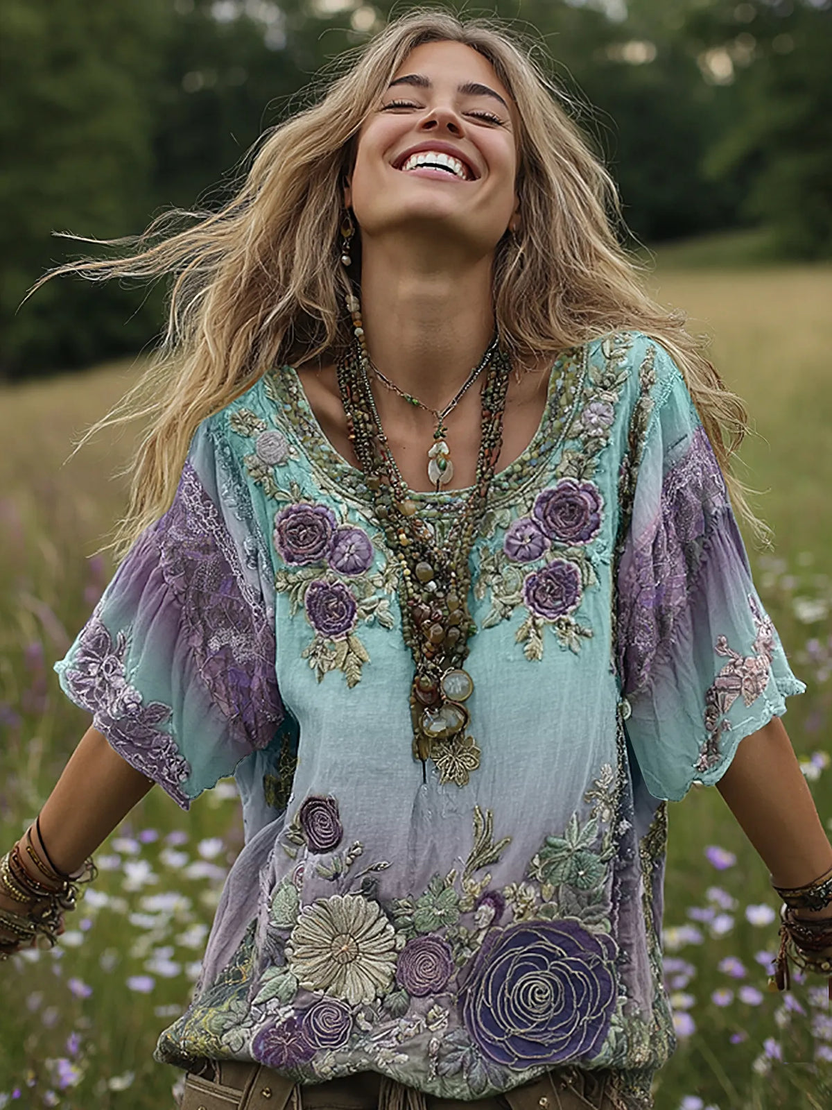 Classy Gradient Purple Lavender And Floral Embroidered Linen Short Sleeve T-shirt