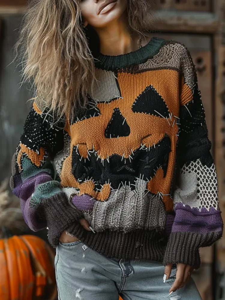 Halloween Horror Face Patchwork Stitched Comfortable Casual Crewneck Sweater