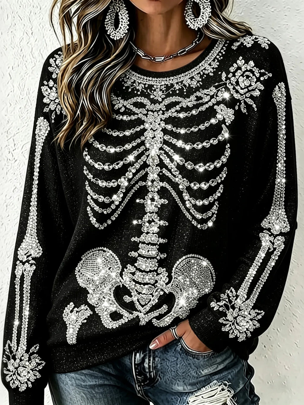 Women's Gothic Halloween Skull Rhinestone Art Crew Neck Sweatshirt