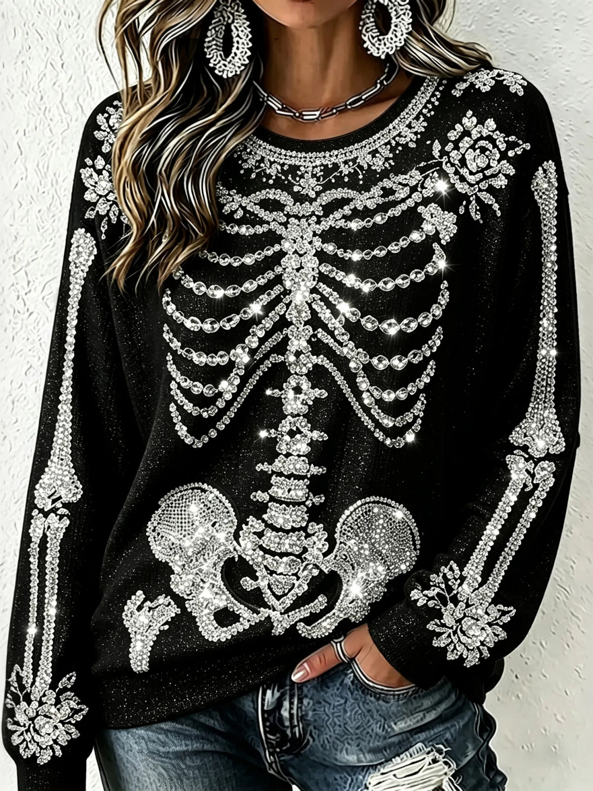 Women's Gothic Halloween Skull Rhinestone Art Crew Neck Sweatshirt