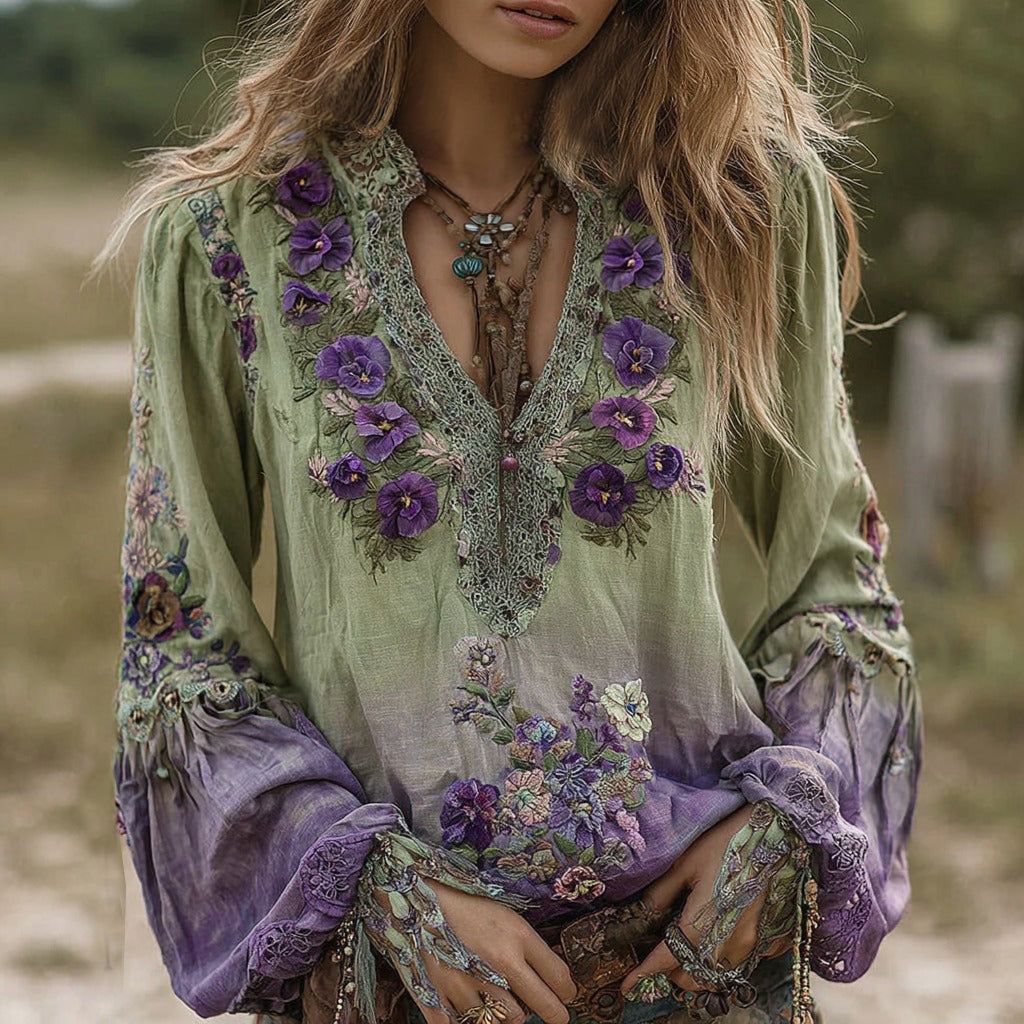 Vintage Classy Gradient Purple Pansy Embroidered Art Linen Long Sleeve Blouse