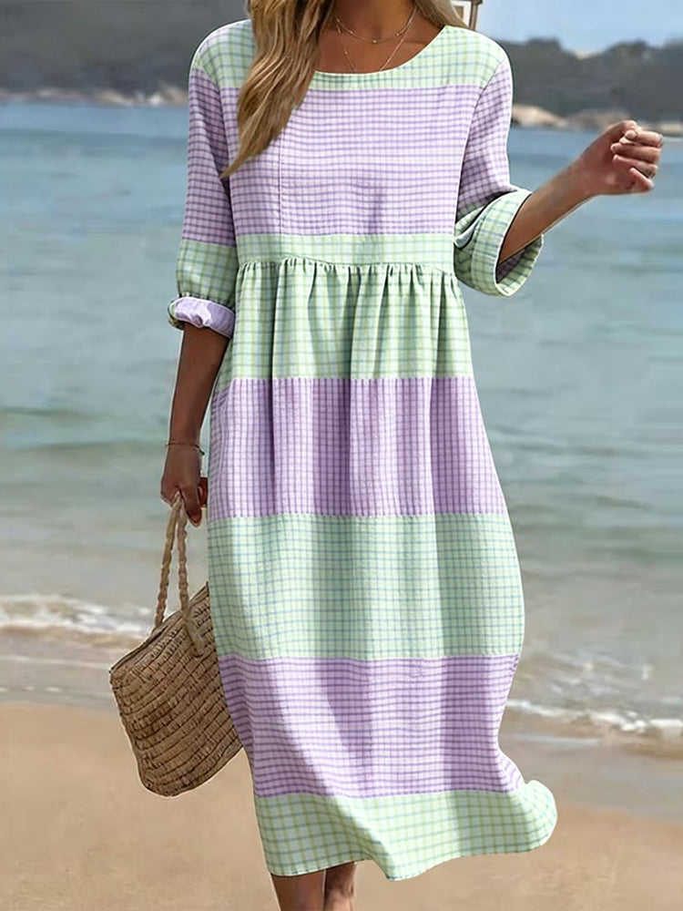 Women's Japanese Color Block Art Linen-blend Maxi Dress