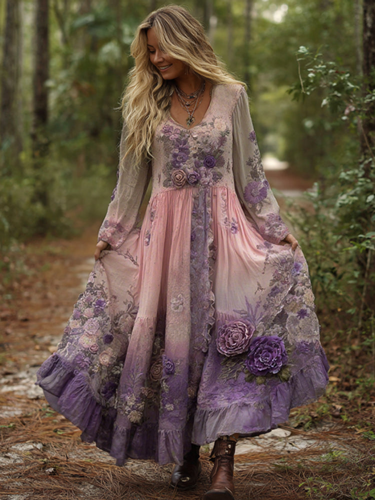 Vintage Classy Gradient Purple Lavender And Floral Embroidered Maxi Dress