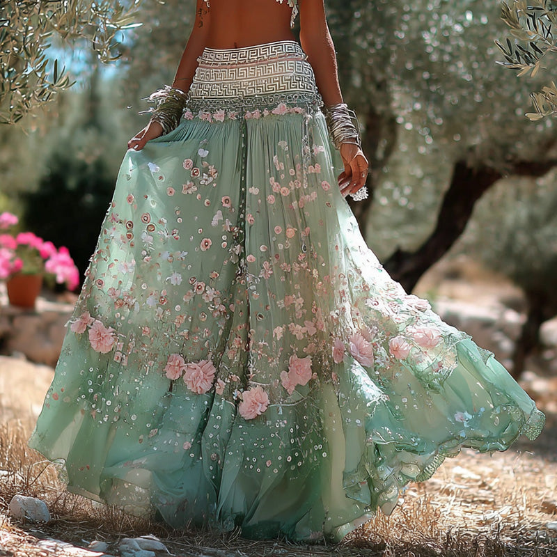 Women's Romantic Vacation Greek Key With Floral Art Linen Blend Casual Skirt