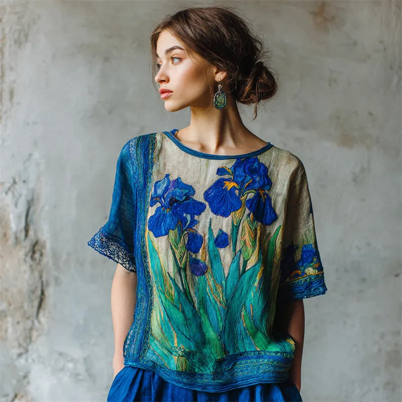 Oil Painting Inspired Irises Embroidered Contrast Linen Tunic